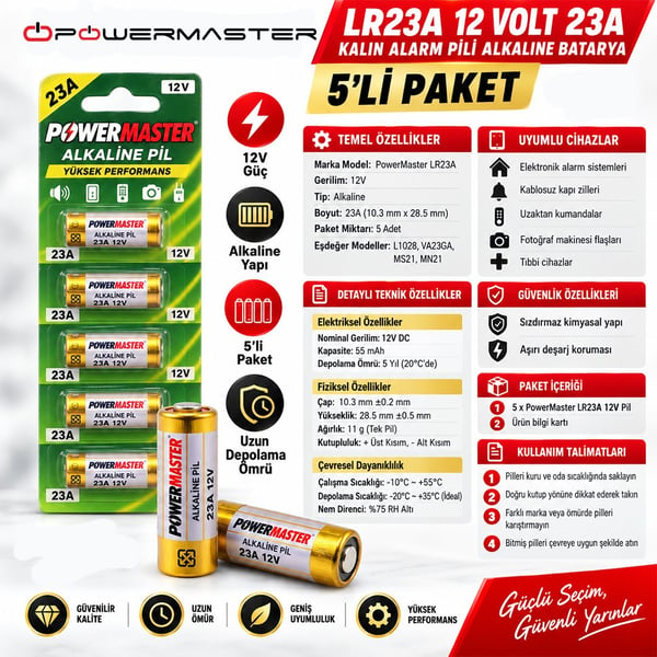 PowerMaster LR23A 12 Volt 23A Kalın Alarm Pili Alkaline Batarya (5'LI Paket) Fiyatı - Merter Elektronik