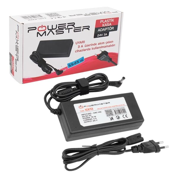 POWERMASTER PM-10172 24 VOLT - 3 AMPER - 72 WATT 5.5*2.5 MM L UÇLU PLASTİK KASA MASAÜSTÜ ADAPTÖR