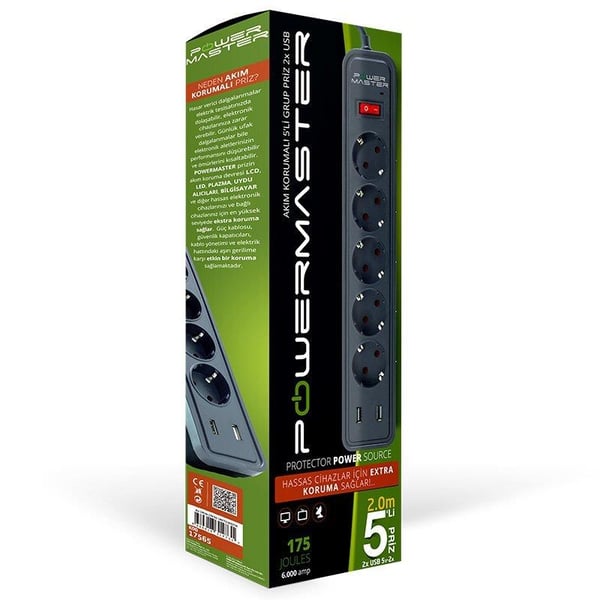 POWERMASTER PM-17565 10 AMPER - 2500 WATT - 175 JOULE 5Lİ 2 METRE KABLOLU 2 USBLİ AKIM KORUMALI PRİZ