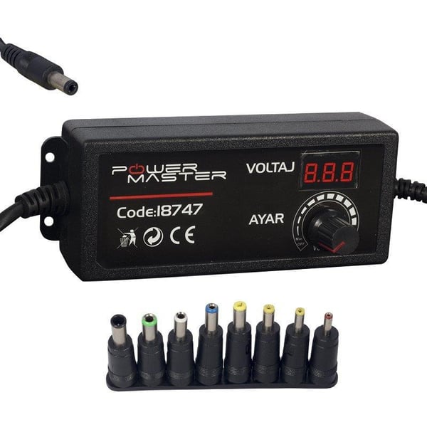 POWERMASTER PM-18747 3 VOLT - 24 VOLT - 2 AMPER ÇOK UÇLU DİJİTAL EKRANLI AYARLI KADEMELİ ADAPTÖR