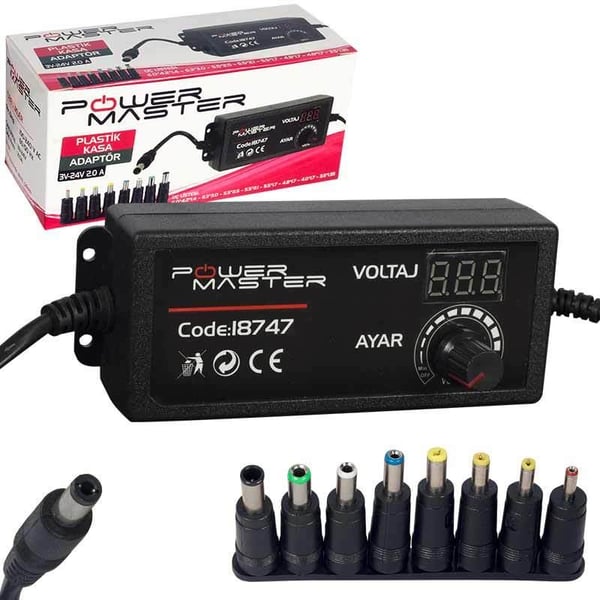POWERMASTER PM-18747 3 VOLT - 24 VOLT - 2 AMPER ÇOK UÇLU DİJİTAL EKRANLI AYARLI KADEMELİ ADAPTÖR