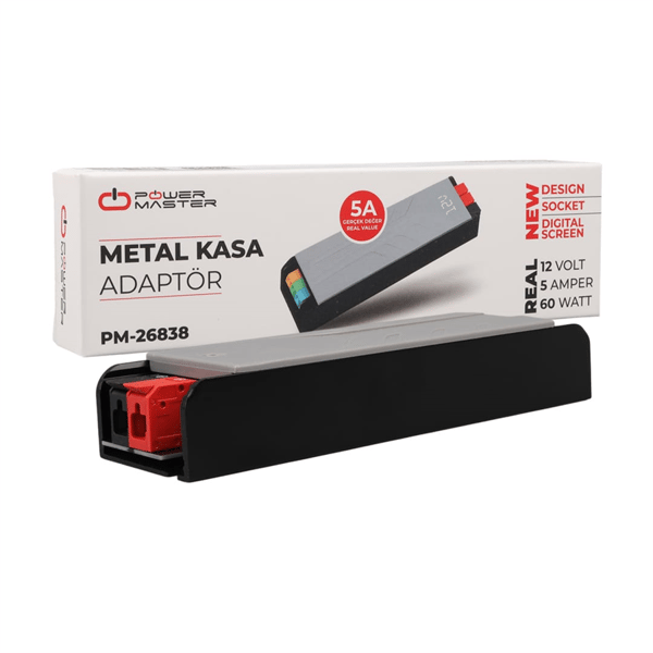 PowerMaster PM-26838 12 Volt 5 Amper 60 Watt Slim Metal Kasa Adaptör Voltaj Göstergeli 148x43x27mm Fiyatı - Merter Elektronik