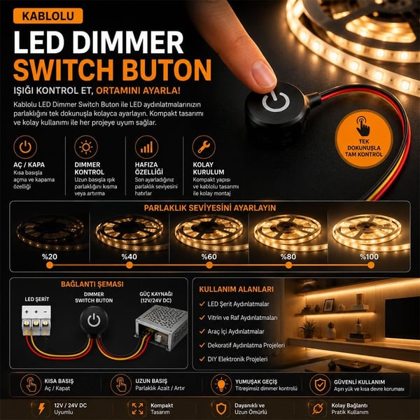 POWERMASTER PM-30933 24V 16MM KABLOLU LED DIMMER SWITCH BUTON Fiyatı - Merter Elektronik