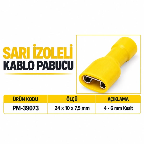POWERMASTER PM-39073 4 - 6MM2 KESİT 0,8X6,35MM SOKET SARI İZOLELİ KABLO PABUCU (100'LÜ PAKET) Fiyatı - Merter Elektronik