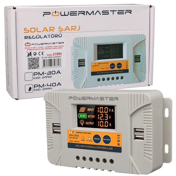 PowerMaster PM-40A 12 Volt - 24 Volt - 40 Amper 4 USB'LI Dijital Otomatik Solar Şarj Kontrol Regülatörü Fiyatı - Merter Elektronik