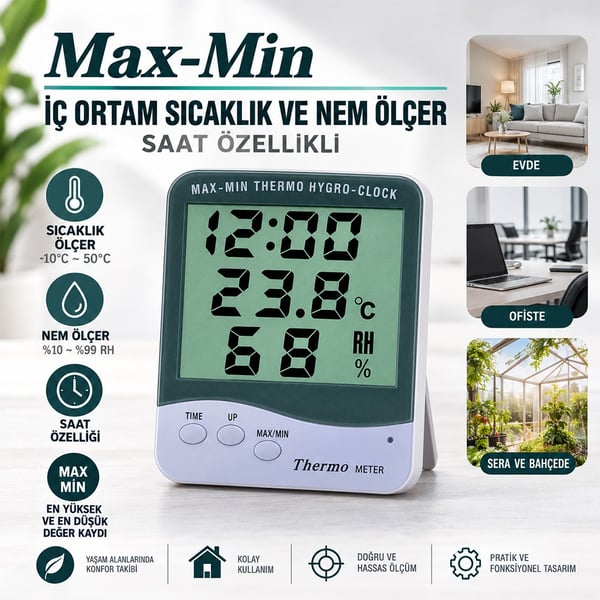 PowerMaster PM-6233 Termometre Oda Tipi Ekranlı Sıcaklık ve Nem Ölçer - Saat Özellikli Fiyatı - Merter Elektronik