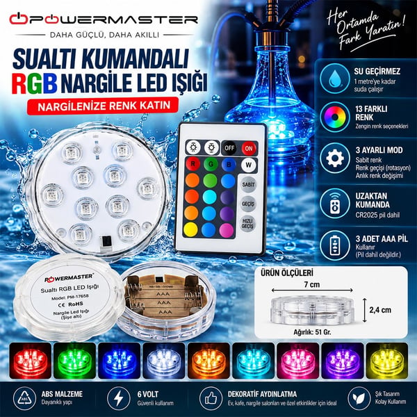 Powermaster Su Altı Kumandalı RGB Nargile Led Işığı PM-17658 Fiyatı - Merter Elektronik