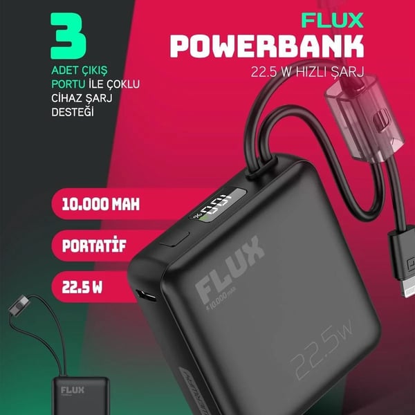 POWERWAY FLUX  DİJİTAL EKRAN 22.5W KABLOLU 10.000 MAH SİYAH POWERBANK Fiyatı - Merter Elektronik