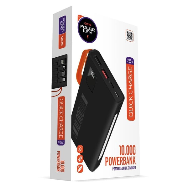 Powerway QC10-PD 10.000 mAh Dahili Kablolu ve Fenerli Hızlı Şarj Power Bank Fiyatı - Merter Elektronik