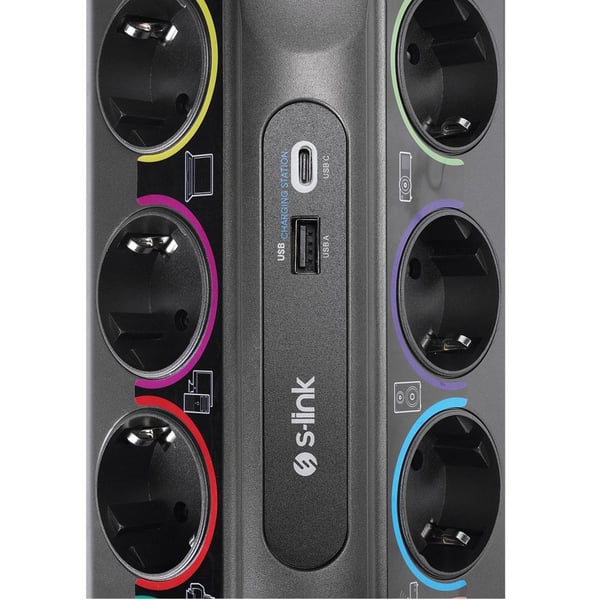S-LINK SP10AF 1860 JOULE ANAHTARLI USB + TYPE-C GİRİŞLİ 10LU 3 METRE KABLOLU AKIM KORUMALI PRİZ