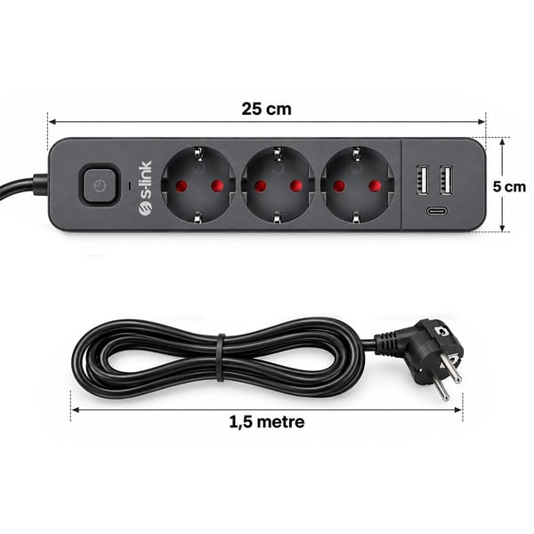 S-LINK SPG03U 2USB+1TYPE C 5V2.4A 3X1.0MM BAKIR 1.5M KABLO 750JOULE 3LÜ ANAHTARLI AKIM KORUMALI PRİZ Fiyatı - Merter Elektronik