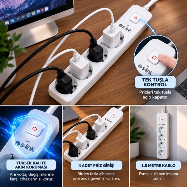 S-Link SPG401S Beyaz 1.5Mm Bakır 1.5 Metre Kablolu 750 Joule 4'lü Anahtarlı Akım Korumalı Priz Fiyatı - Merter Elektronik