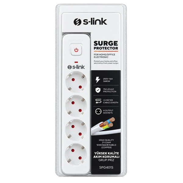 S-Link SPG401S Beyaz 1.5Mm Bakır 1.5 Metre Kablolu 750 Joule 4'lü Anahtarlı Akım Korumalı Priz Fiyatı - Merter Elektronik