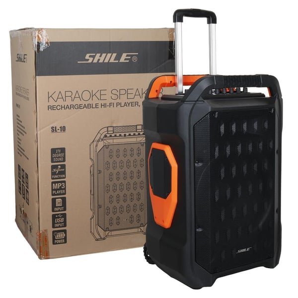 Shile SL-10 120 Watt Taşınabilir Seyyar Amfi Hoparlör Kablosuz 1 EL + 1 Yaka Mikrofonlu Kumandalı USB+SD+BT Fiyatı - Merter Elektronik