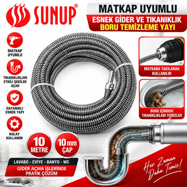 SUNUP SN-38810 MATKAP BORUS TEMİZLEME YAYI 10 METRE 10MM Fiyatı - Merter Elektronik