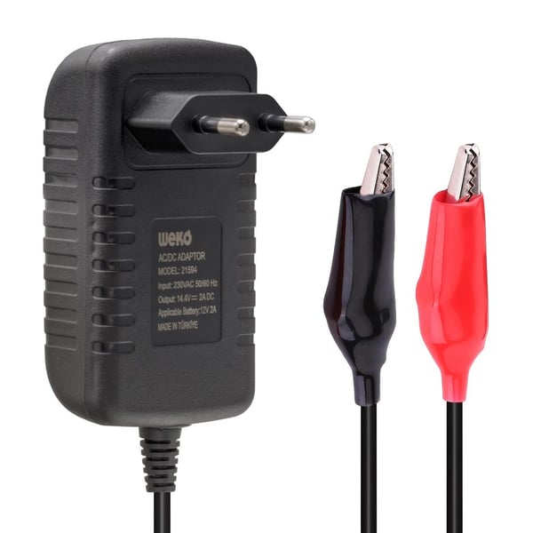 WEKO 14.4 VOLT - 2 AMPER KROKODİL UÇLU KIRMIZI YEŞİL LEDLİ YERLİ ÜRETİM AKÜ ŞARJ CİHAZI (OUT :12V-2A)
