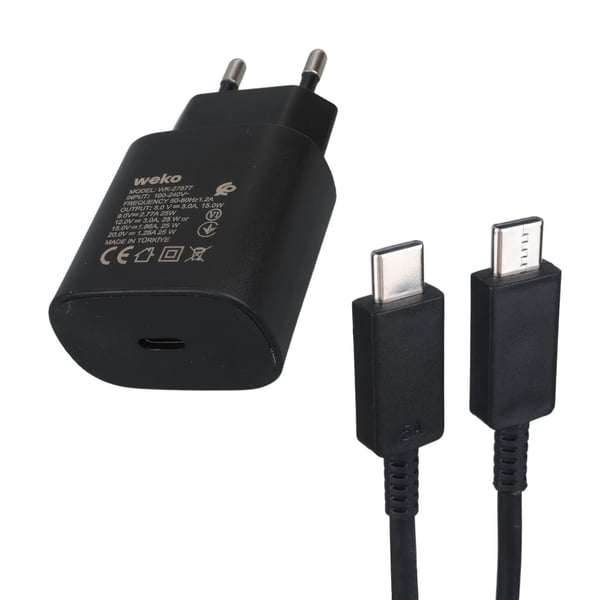 WEKO WK-27877 NOTE10 25 WATT SİYAH ŞARJ BAŞLIK ADAPTÖRÜ + TYPE-C TO TYPE-C KABLO