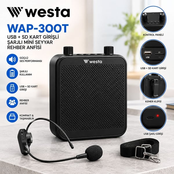 WESTA WAP-300T USB+SD KART GİRİŞLİ ŞARJLI MİNİ SEYYAR REHBER ANFİSİ Fiyatı - Merter Elektronik