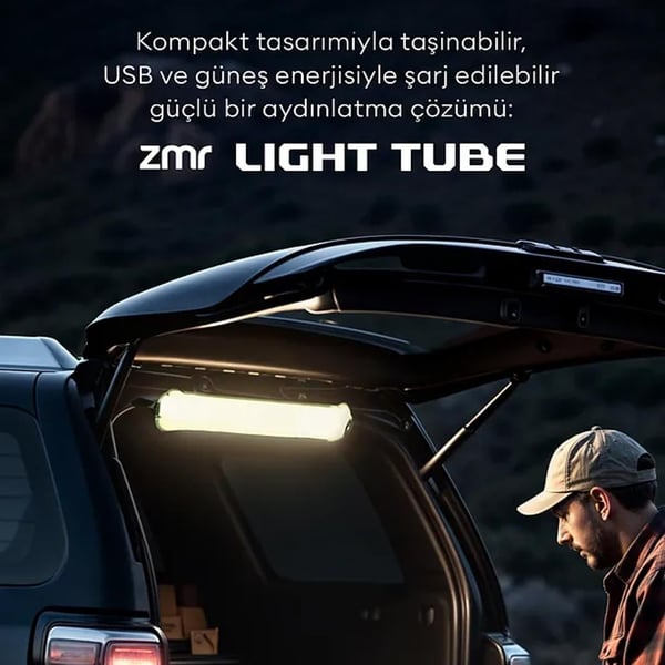 ZMR ZMR-385/S.00 USB VE GÜNEŞ ENERJİSİ ŞARJ EDİLEBİLEN KATLANIR ŞİŞİRİLEBİLİR BEYAZ LEDLİ SİYAH AYDINLATMA TÜPÜ