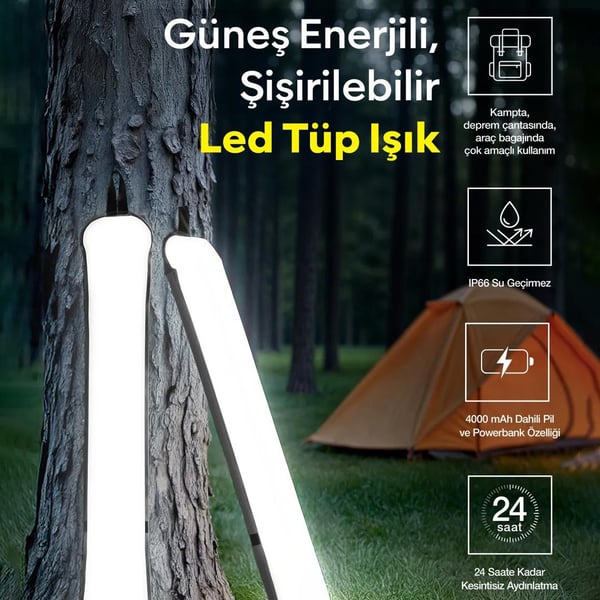 ZMR ZMR-385/S.00 USB VE GÜNEŞ ENERJİSİ ŞARJ EDİLEBİLEN KATLANIR ŞİŞİRİLEBİLİR BEYAZ LEDLİ SİYAH AYDINLATMA TÜPÜ