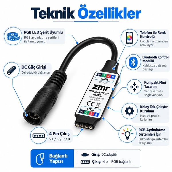 ZMR ZMR-665 BLUTOOTH'LU 12-24V 12A ŞERİT LED DİMMER KONTROL CİHAZI Fiyatı - Merter Elektronik