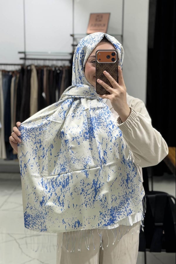 Mermer Desenli İpek Şal 05246 Bebe Mavisi