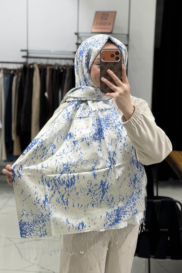 Mermer Desenli İpek Şal 05246 Bebe Mavisi