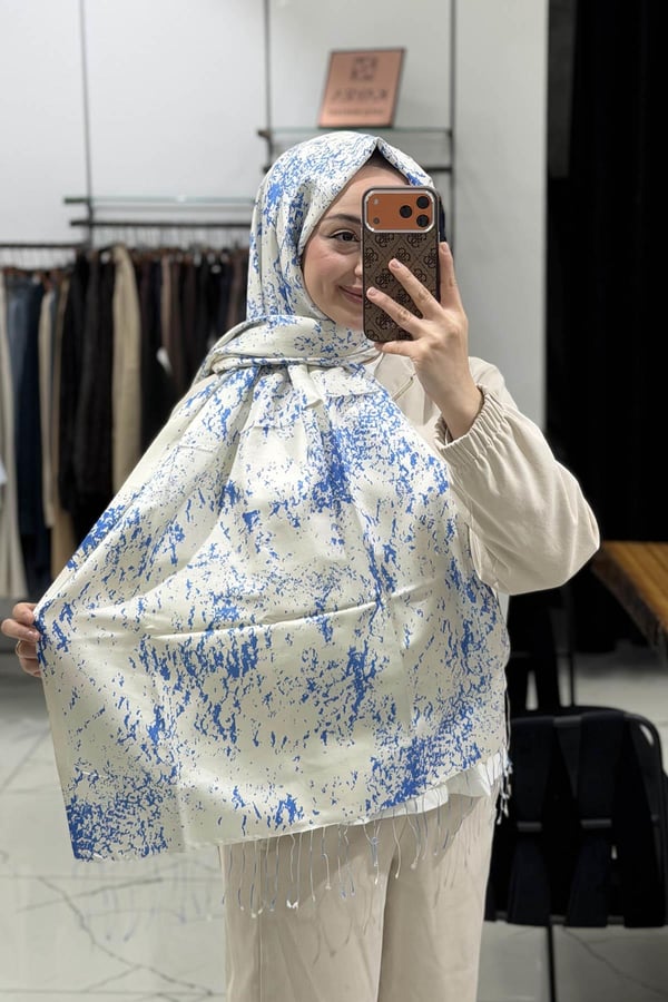 Mermer Desenli İpek Şal 05246 Bebe Mavisi