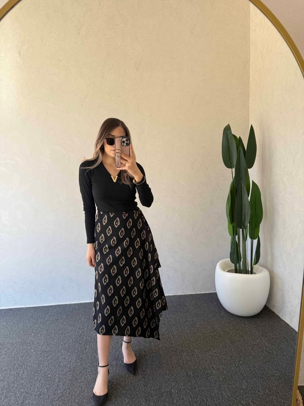 Alina Düğmeli Midi Etek Siyah - 1105