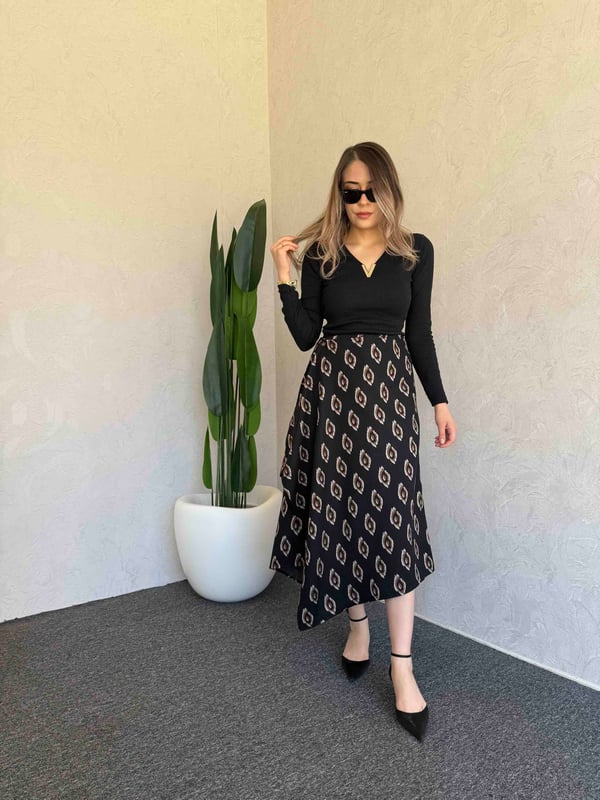 Alina Düğmeli Midi Etek Siyah - 1105