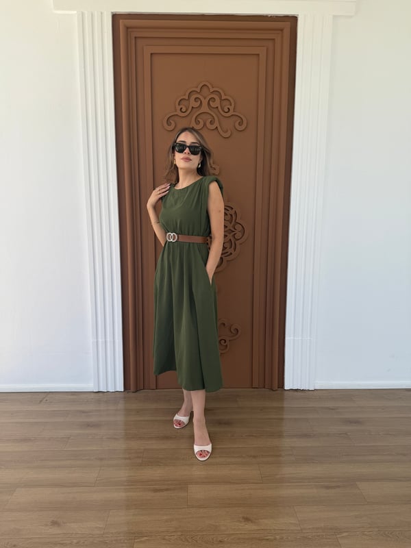 Ayrobin Kemerli Elbise Haki - 1047
