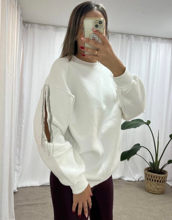 Beyaz Omuz Zincir Sweat