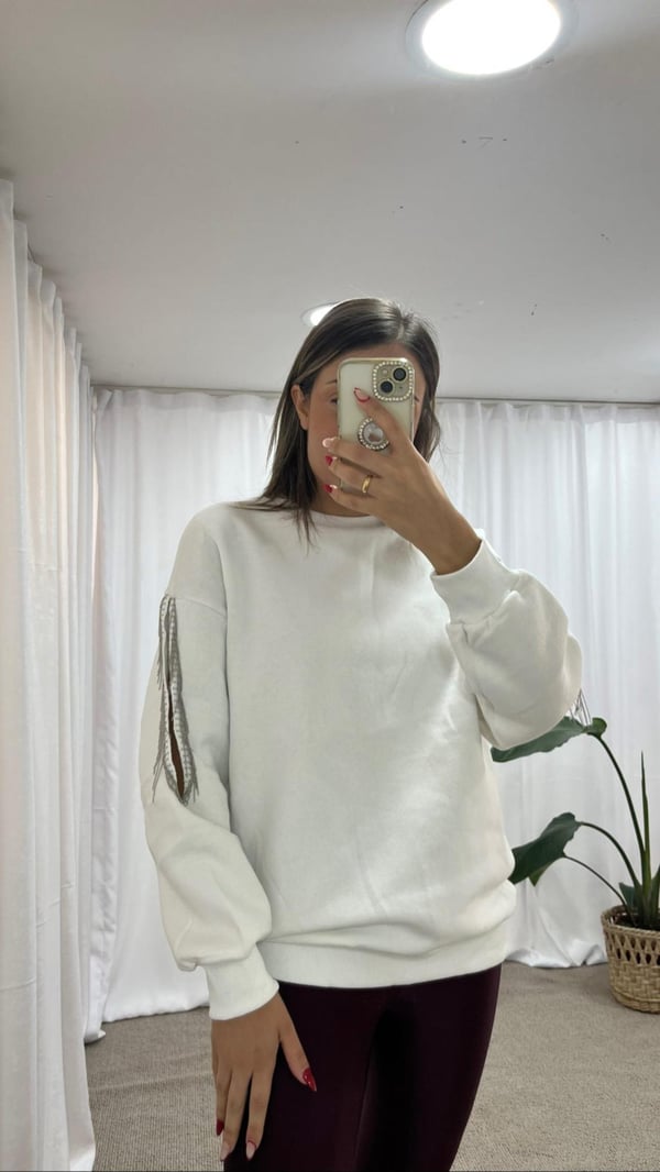 Beyaz Omuz Zincir Sweat