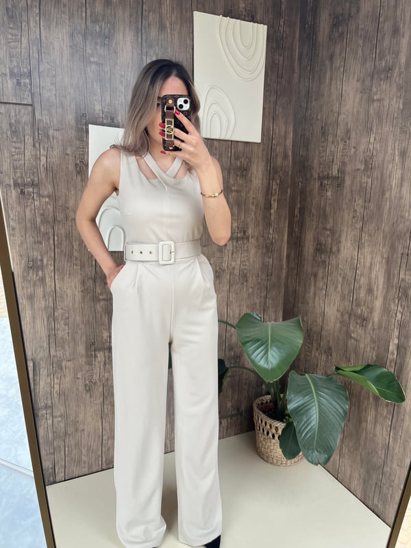 Çapraz Yaka Kemerli Tulum Krem