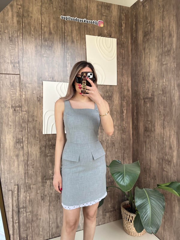 Cep Görünüm Kumaş Elbise Gri