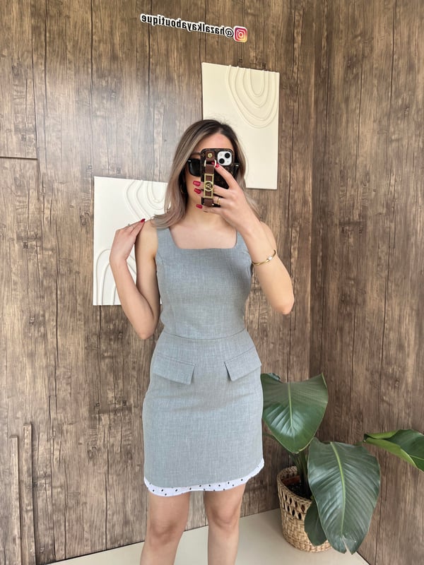 Cep Görünüm Kumaş Elbise Gri