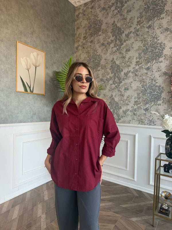Çift Cepli Keten Gömlek Bordo - 1134 
