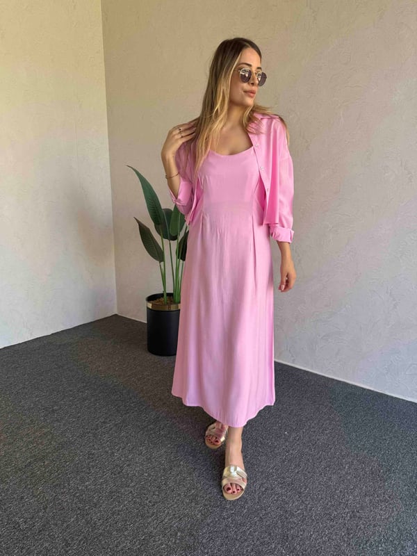 Gömlekli İp Askı Tensel Elbise Pembe - 1054