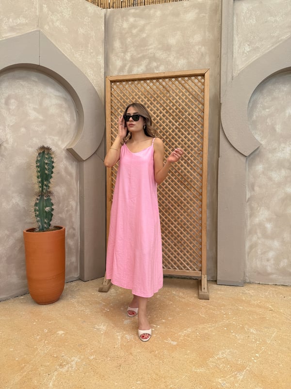 İp Askı Çilek Keten Elbise Pembe - 1049