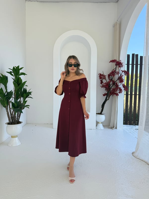 Kayık Yaka Modal Elbise Bordo - 1118