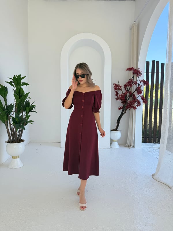 Kayık Yaka Modal Elbise Bordo - 1118