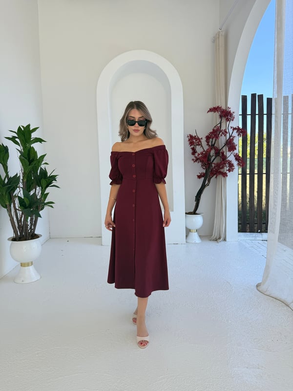 Kayık Yaka Modal Elbise Bordo - 1118