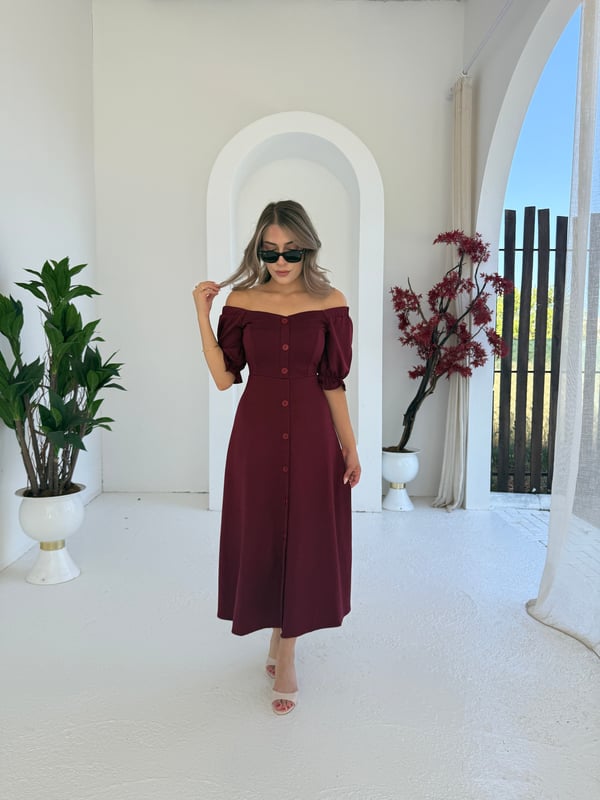Kayık Yaka Modal Elbise Bordo - 1118