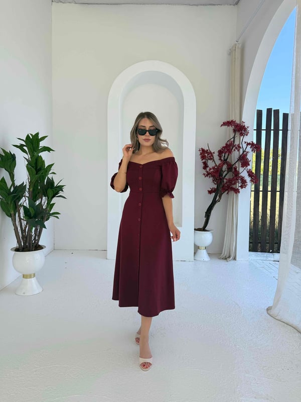 Kayık Yaka Modal Elbise Bordo - 1118