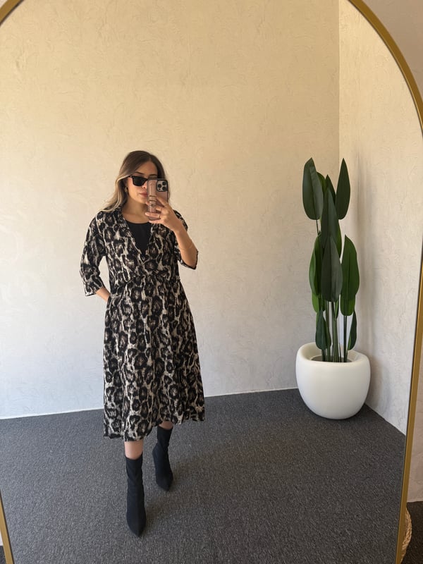 Leopar Desen Midi Elbise Siyah - 1101