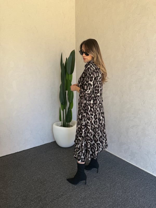 Leopar Desen Midi Elbise Siyah - 1101