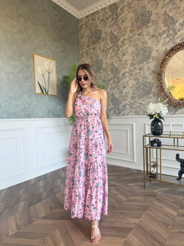 Tek Omuz Çiçekli Elbise Pembe - 1133