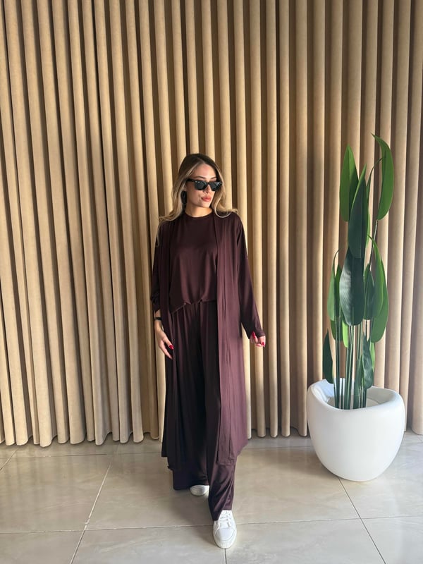 Üçlü Uzun Kimono Takım Kahverengi - 1138