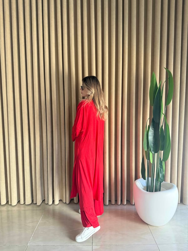 Üçlü Uzun Kimono Takım Kırmızı - 1138