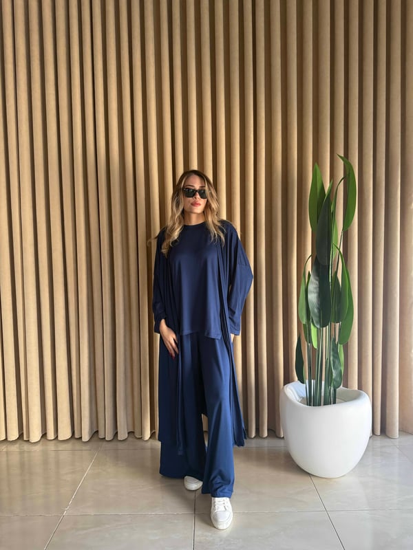 Üçlü Uzun Kimono Takım Lacivert - 1138